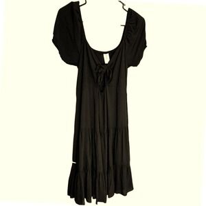 Abound Black Tiered Mini Dress Tie Front Puff Sleeve Smocked Back Womens Large